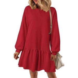 imagePRETTYGARDEN Womens Fall Patchwork Sweatshirt Dress Casual Long Sleeve Crewneck Pullover Cute Babydoll Mini DressesRed