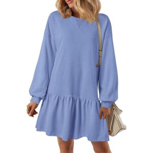 imagePRETTYGARDEN Womens Fall Patchwork Sweatshirt Dress Casual Long Sleeve Crewneck Pullover Cute Babydoll Mini DressesSky Blue