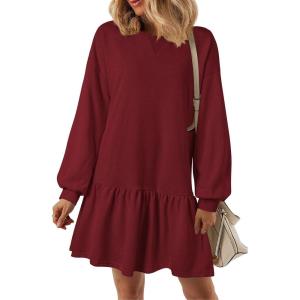 imagePRETTYGARDEN Womens Fall Patchwork Sweatshirt Dress Casual Long Sleeve Crewneck Pullover Cute Babydoll Mini DressesWine Red