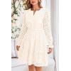 imagePRETTYGARDEN Womens 2024 Long Sleeve Mini Dress Eyelet V Neck A Line Casual Elegant Holiday Wedding Guest Party DressesBeige White