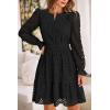 imagePRETTYGARDEN Womens 2024 Long Sleeve Mini Dress Eyelet V Neck A Line Casual Elegant Holiday Wedding Guest Party DressesBlack