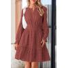 imagePRETTYGARDEN Womens 2024 Long Sleeve Mini Dress Eyelet V Neck A Line Casual Elegant Holiday Wedding Guest Party DressesBrown Red