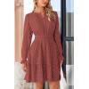 imagePRETTYGARDEN Womens 2024 Long Sleeve Mini Dress Eyelet V Neck A Line Casual Elegant Holiday Wedding Guest Party DressesBrown Red