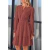 imagePRETTYGARDEN Womens 2024 Long Sleeve Mini Dress Eyelet V Neck A Line Casual Elegant Holiday Wedding Guest Party DressesBrown Red