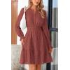 imagePRETTYGARDEN Womens 2024 Long Sleeve Mini Dress Eyelet V Neck A Line Casual Elegant Holiday Wedding Guest Party DressesBrown Red