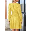 imagePRETTYGARDEN Womens 2024 Long Sleeve Mini Dress Eyelet V Neck A Line Casual Elegant Holiday Wedding Guest Party DressesYellow