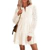 imagePRETTYGARDEN Womens 2024 Long Sleeve Mini Dress Eyelet V Neck A Line Casual Elegant Holiday Wedding Guest Party DressesBeige White