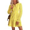 imagePRETTYGARDEN Womens 2024 Long Sleeve Mini Dress Eyelet V Neck A Line Casual Elegant Holiday Wedding Guest Party DressesYellow