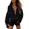 imagePRETTYGARDEN Womens Hooded Sweatshirts Long Sleeve Half Zip Cropped Hoodie Pullover Winter Fashion ClothesBlack