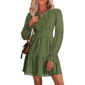 imagePRETTYGARDEN Womens 2024 Long Sleeve Mini Dress Eyelet V Neck A Line Casual Elegant Holiday Wedding Guest Party DressesArmy Green