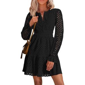imagePRETTYGARDEN Womens 2024 Long Sleeve Mini Dress Eyelet V Neck A Line Casual Elegant Holiday Wedding Guest Party DressesBlack