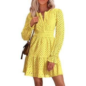 imagePRETTYGARDEN Womens 2024 Long Sleeve Mini Dress Eyelet V Neck A Line Casual Elegant Holiday Wedding Guest Party DressesYellow