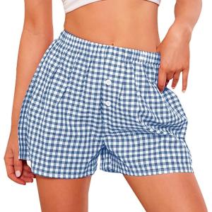 imagePRETTYGARDEN Womens Boxer Shorts 2025 Summer Casual Lounge Sleep Gingham Pajama Y2K Plaid Short Pants with PocketsNavy