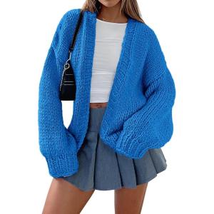 imagePRETTYGARDEN Womens Cardigan Sweaters 2024 Fall Trendy Chunky Knit Outerwear Outfits Fashion Long Sleeve CardigansBlue