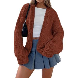 imagePRETTYGARDEN Womens Cardigan Sweaters 2024 Fall Trendy Chunky Knit Outerwear Outfits Fashion Long Sleeve CardigansBrown Red