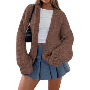 imagePRETTYGARDEN Womens Cardigan Sweaters 2024 Fall Trendy Chunky Knit Outerwear Outfits Fashion Long Sleeve CardigansCoffee