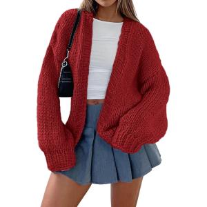 imagePRETTYGARDEN Womens Cardigan Sweaters 2024 Fall Trendy Chunky Knit Outerwear Outfits Fashion Long Sleeve CardigansJujube Red