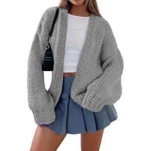 imagePRETTYGARDEN Womens Cardigan Sweaters 2024 Fall Trendy Chunky Knit Outerwear Outfits Fashion Long Sleeve CardigansLight Grey