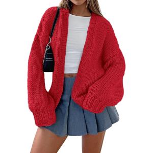 imagePRETTYGARDEN Womens Cardigan Sweaters 2024 Fall Trendy Chunky Knit Outerwear Outfits Fashion Long Sleeve CardigansRed