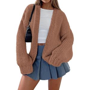 imagePRETTYGARDEN Womens Cardigan Sweaters 2024 Fall Trendy Chunky Knit Outerwear Outfits Fashion Long Sleeve CardigansRed Camel