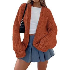 imagePRETTYGARDEN Womens Cardigan Sweaters 2024 Fall Trendy Chunky Knit Outerwear Outfits Fashion Long Sleeve CardigansRust Red