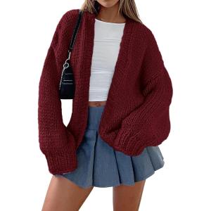 imagePRETTYGARDEN Womens Cardigan Sweaters 2024 Fall Trendy Chunky Knit Outerwear Outfits Fashion Long Sleeve CardigansWine Red