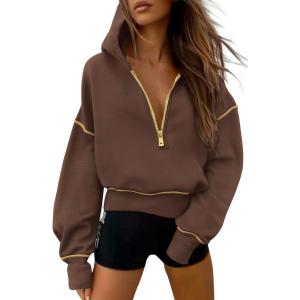 imagePRETTYGARDEN Womens Hooded Sweatshirts Long Sleeve Half Zip Cropped Hoodie Pullover Winter Fashion ClothesBrown Coffee