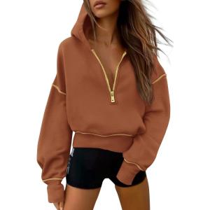 imagePRETTYGARDEN Womens Hooded Sweatshirts Long Sleeve Half Zip Cropped Hoodie Pullover Winter Fashion ClothesCaramel