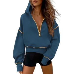 imagePRETTYGARDEN Womens Hooded Sweatshirts Long Sleeve Half Zip Cropped Hoodie Pullover Winter Fashion ClothesDark Blue