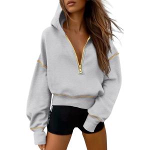 imagePRETTYGARDEN Womens Hooded Sweatshirts Long Sleeve Half Zip Cropped Hoodie Pullover Winter Fashion ClothesGrey