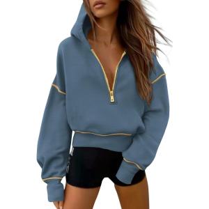 imagePRETTYGARDEN Womens Hooded Sweatshirts Long Sleeve Half Zip Cropped Hoodie Pullover Winter Fashion ClothesGrey Blue
