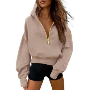 imagePRETTYGARDEN Womens Hooded Sweatshirts Long Sleeve Half Zip Cropped Hoodie Pullover Winter Fashion ClothesKhaki