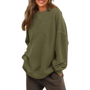 imagePRTTYGARDEN Womens Long Sleeve Tops 2024 Fall Loose Crewneck Sweatshirt Trendy Casual Ribbed Pullover Knit OutfitArmy Green