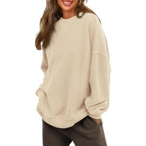 imagePRTTYGARDEN Womens Long Sleeve Tops 2024 Fall Loose Crewneck Sweatshirt Trendy Casual Ribbed Pullover Knit OutfitBeige