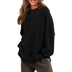 imagePRTTYGARDEN Womens Long Sleeve Tops 2024 Fall Loose Crewneck Sweatshirt Trendy Casual Ribbed Pullover Knit OutfitBlack