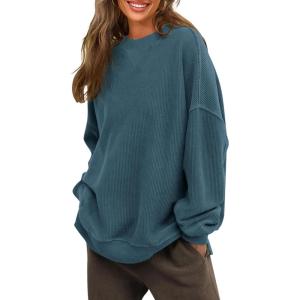 imagePRTTYGARDEN Womens Long Sleeve Tops 2024 Fall Loose Crewneck Sweatshirt Trendy Casual Ribbed Pullover Knit OutfitBlue