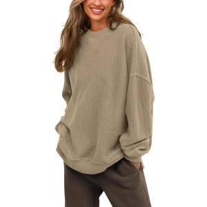 imagePRTTYGARDEN Womens Long Sleeve Tops 2024 Fall Loose Crewneck Sweatshirt Trendy Casual Ribbed Pullover Knit OutfitKhaki