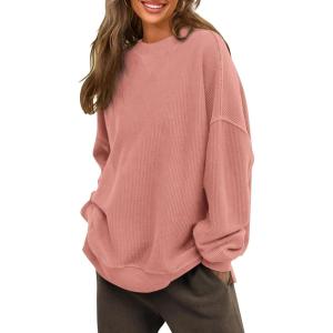 imagePRTTYGARDEN Womens Long Sleeve Tops 2024 Fall Loose Crewneck Sweatshirt Trendy Casual Ribbed Pullover Knit OutfitPink