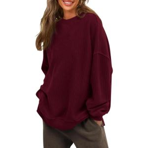 imagePRTTYGARDEN Womens Long Sleeve Tops 2024 Fall Loose Crewneck Sweatshirt Trendy Casual Ribbed Pullover Knit OutfitWine Red
