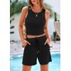 imagePRETTYGARDEN Womens 2 Piece Summer Outfits 2025 Casual Lounge Matching Sets Ribbed Knit Sleeveless Tank Tops and ShortsBlack