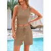 imagePRETTYGARDEN Womens 2 Piece Summer Outfits 2025 Casual Lounge Matching Sets Ribbed Knit Sleeveless Tank Tops and ShortsCamel