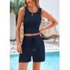 imagePRETTYGARDEN Womens 2 Piece Summer Outfits 2025 Casual Lounge Matching Sets Ribbed Knit Sleeveless Tank Tops and ShortsNavy