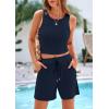imagePRETTYGARDEN Womens 2 Piece Summer Outfits 2025 Casual Lounge Matching Sets Ribbed Knit Sleeveless Tank Tops and ShortsNavy