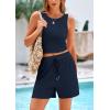 imagePRETTYGARDEN Womens 2 Piece Summer Outfits 2025 Casual Lounge Matching Sets Ribbed Knit Sleeveless Tank Tops and ShortsNavy
