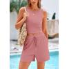 imagePRETTYGARDEN Womens 2 Piece Summer Outfits 2025 Casual Lounge Matching Sets Ribbed Knit Sleeveless Tank Tops and ShortsPink