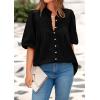 imagePRETTYGARDEN Womens 2025 Summer Short Lantern Sleeve Tops Loose Fit Button Down Shirt Casual Pleated V Neck BlousesBlack