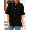 imagePRETTYGARDEN Womens 2025 Summer Short Lantern Sleeve Tops Loose Fit Button Down Shirt Casual Pleated V Neck BlousesBlack