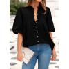 imagePRETTYGARDEN Womens 2025 Summer Short Lantern Sleeve Tops Loose Fit Button Down Shirt Casual Pleated V Neck BlousesBlack