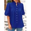 imagePRETTYGARDEN Womens 2025 Summer Short Lantern Sleeve Tops Loose Fit Button Down Shirt Casual Pleated V Neck BlousesBlue