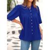 imagePRETTYGARDEN Womens 2025 Summer Short Lantern Sleeve Tops Loose Fit Button Down Shirt Casual Pleated V Neck BlousesBlue